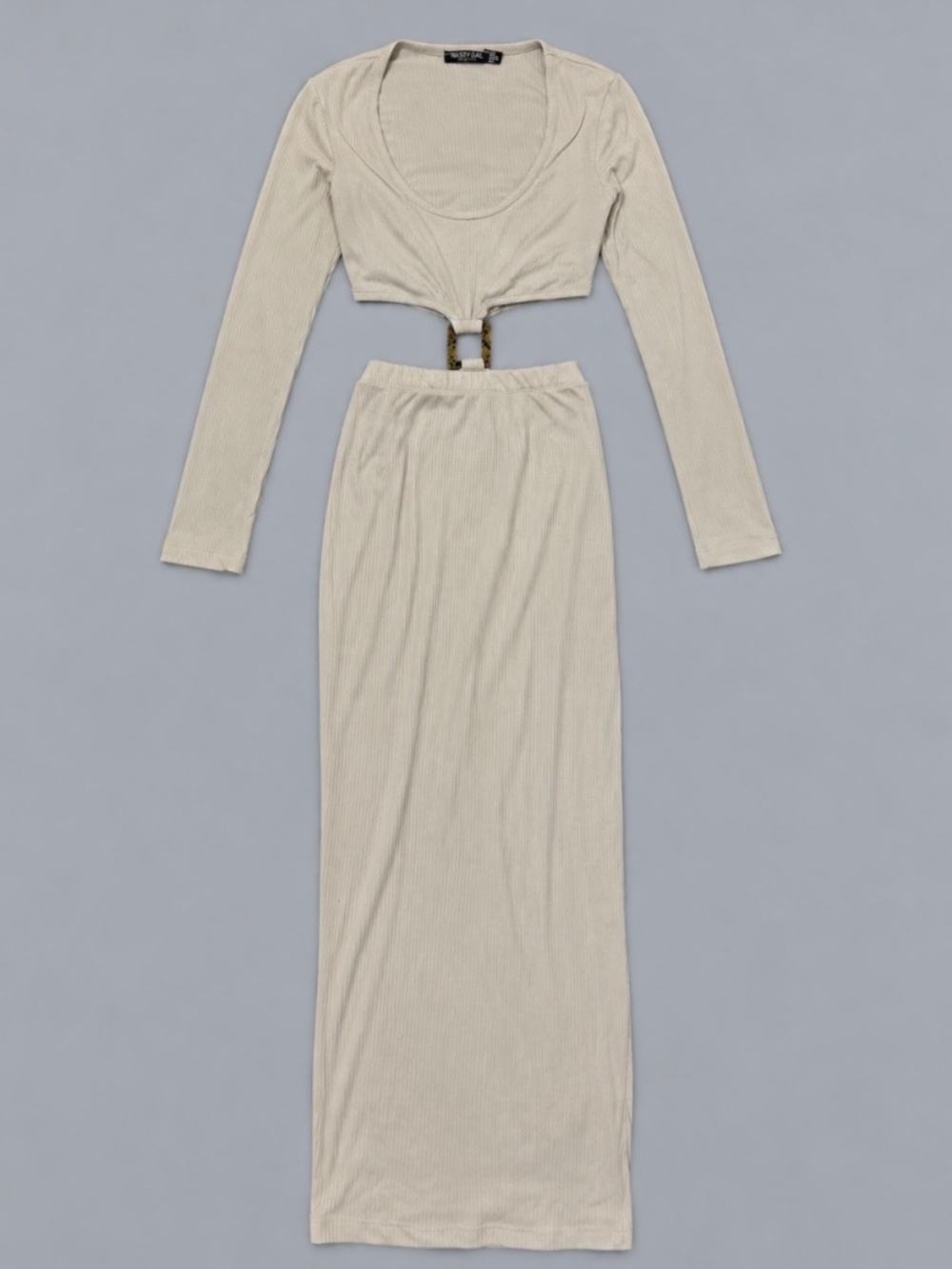 Nasty Gal Beige Ribbed Cutout Buckle Midi Dress US 4